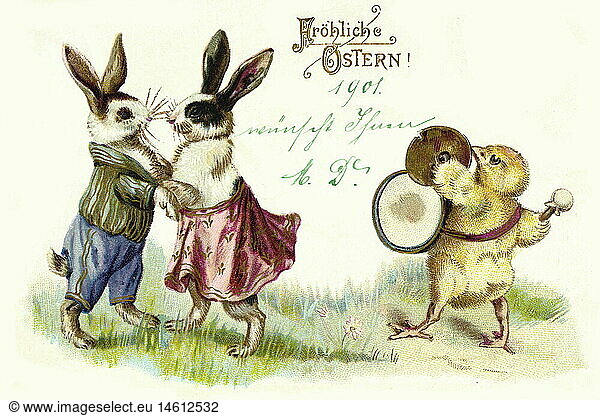 Deutschland  1901  zwei Hasen beim Tanzen  Osterhase  Osterhasen  Kueken macht Musik dazu  Hase  Ostern  Tanz  Paar  Tiere  Tier  Froehliche Ostern  Festtag  Brauch  Brauchtum