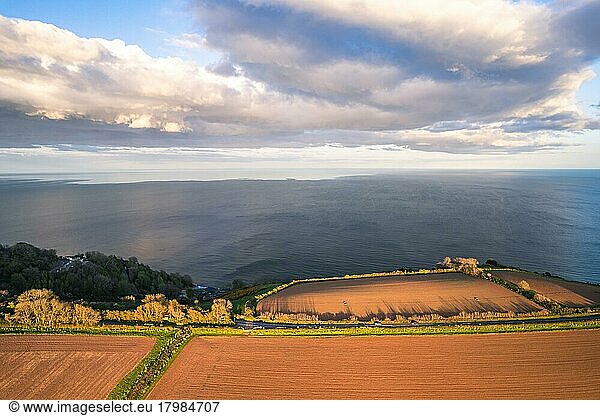 Devon Fields and Farmlands at sunset time from a drone over Labrador Bay  Devon  England  United Kingdom  Europe