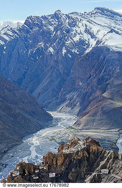 Dhankar monastry perched on a cliff in Himalayas. Dhankar  Spiti Valley  Himachal Pradesh  India  Asia