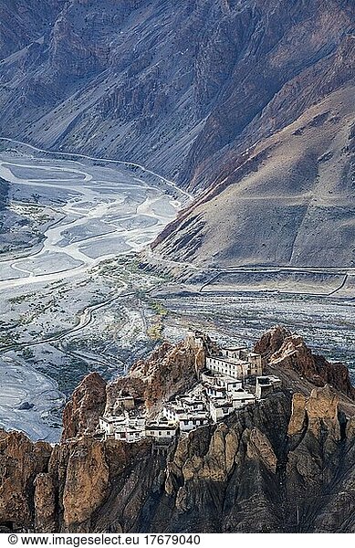 Dhankar monastry perched on a cliff in Himalayas. Dhankar  Spiti Valley  Himachal Pradesh  India  Asia