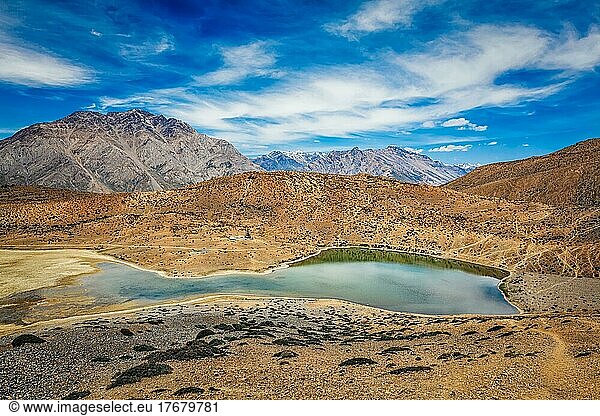 Dhankar mountain lake in Himalayas. Dhankar  Spiti valley  Himachal Pradesh  India  Asia