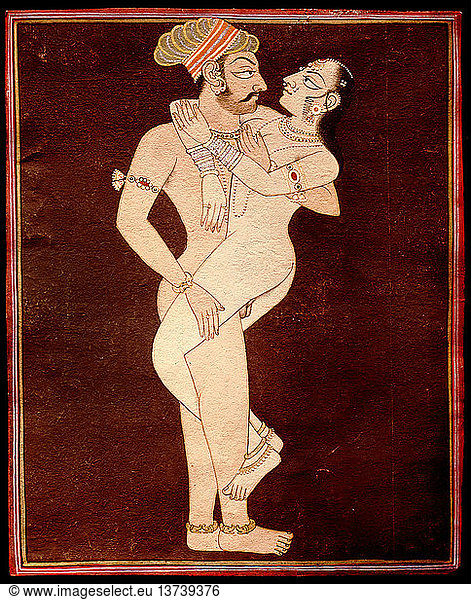 Die Anhänger des Tantra-Kults betrachteten den Geschlechtsverkehr als wesentlichen Initiationsritus  der ihnen den Zugang zum Wissen ermöglicht. Die beiden Prinzipien - Shiva (der Mann) und Shakti (seine Weisheit  die von der Frau verkörpert wird) - verschmolzen in dem Paar und transzendierten die sexuelle Umarmung. Indien. Hinduistisch. Spätes 18./19. Jahrhundert.