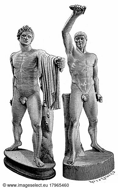 Die antike Statuengruppe wird Tyrannenmörder genannt  dargestellt sind Harmodios und Aristogeiton  sie töteten den Bruder des Tyrannen Hippias  Hipparch im Jahr 514 v. Chr. sie waren athenische Helden  deren Mut den Weg für die athenische Demokratie ebnete  die 477-76 v. gegründet wurde  heute im Archäologischen Nationalmuseum Neapel  Italien  digitale verbesserte Reproduktion eines Originaldrucks aus dem 19. Jahrhundert  Europa