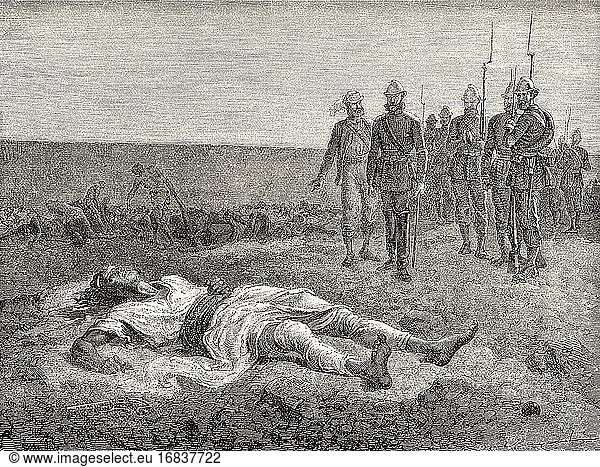 Die britische Armee findet die Leiche von Tewodros nach seinem Selbstmord Tewodros II  Äthiopien. Alter Kupferstich aus dem 19. Jahrhundert  Narrative of a Journey through Abyssinia von Guillaume Lejean aus El Mundo en La Mano 1879.