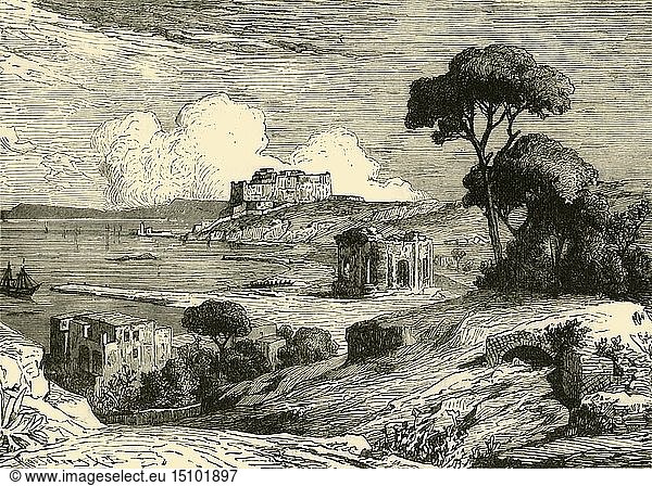 Die Bucht von Bale mit den Ruinen der römischen Villen   1890. Schöpfer: Unbekannt.