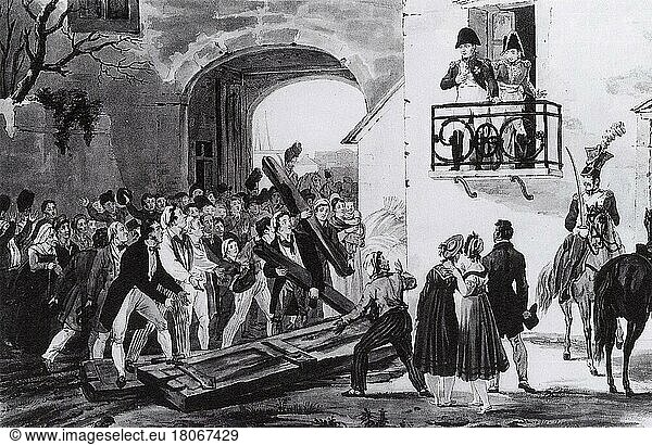 Die Einwohner von Grenoble bringen Napoleon die Ruinen des Stadttors  das sie am 7. März 1815 zerstört hatten. Populäre Darstellung der damaligen Zeit