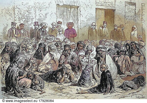 Die Einwohner von Setif bei der verteilung von Lebensmitteln an arabische Frauen und Kinder  1869  Algerien  Historisch  digital restaurierte Reproduktion einer Vorlage aus dem 19. Jahrhundert  Afrika