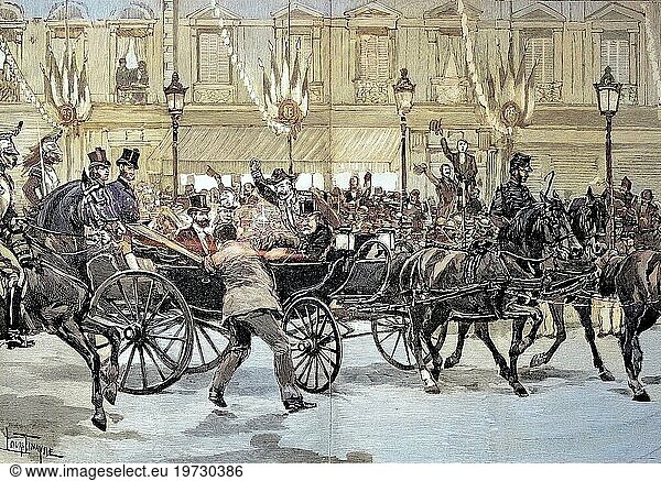 Die Ermordung von Marie Francois Sadi Carnot  1837- 1894  französischer Staatsmann und fünfter Präsident der Dritten Republik  Marie Francois Sadi Carnot  1837  1894  französischer Staatspraesident  digitale verbesserte Reproduktion einer Veröffentlichung aus dem Jahr 1880  the murder of Marie Francois Sadi Carnot  a French statesman and the fifth president of the Third Republic  franzoesischer Staatspraesident  digital improved reproduction from a p