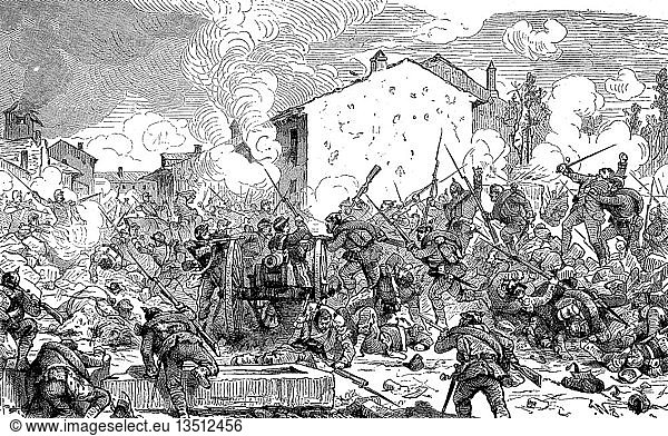 Die Erstürmung von St. Privat durch die Garde und Sachsen am Abend des 18. August 1870 im Deutsch-Französischen Krieg  Holzschnitt  Frankreich  Europa