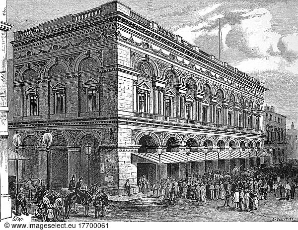 Die Free Trade Hall in Manchester  Theater  im Jahre 1860  England  digital restaurierte Reproduktion einer Originalvorlage aus dem 19. Jahrhundert  genaues Originaldatum nicht bekannt