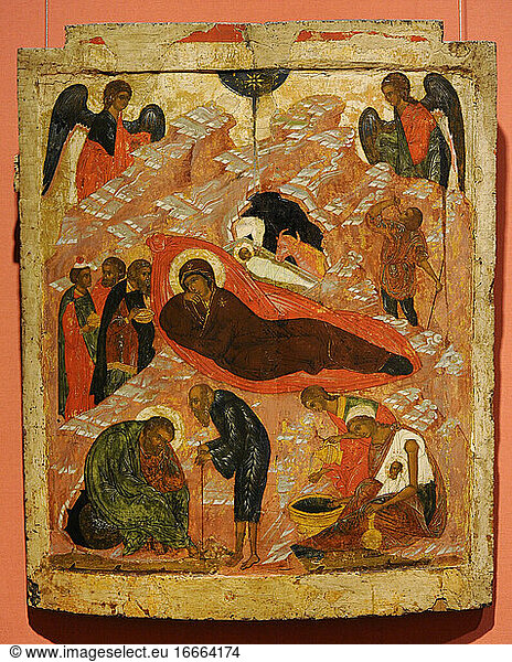 Die Geburt Christi. Russische Ikone. 16. Jahrhundert. Nationalgalerie. Oslo. Norwegen.
