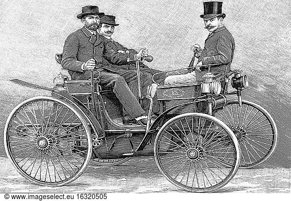Die Geburt des Automobils. Peugeot-Konstruktion  ölbetriebenes Auto  Erfindung von Peugeot und Daimmler  antike Illustration. 1891.