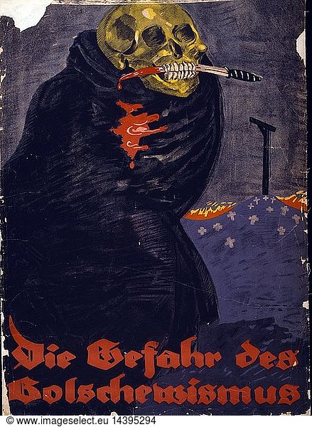 Die Gefahr des Bolschewismus": World War I German Poster  shows a skeleton  wrapped in a black cloak  with a bloody knife held in its teeth. In the background a hill of crosses on top of which is a gallows. Text: "The danger of Bolshevism".