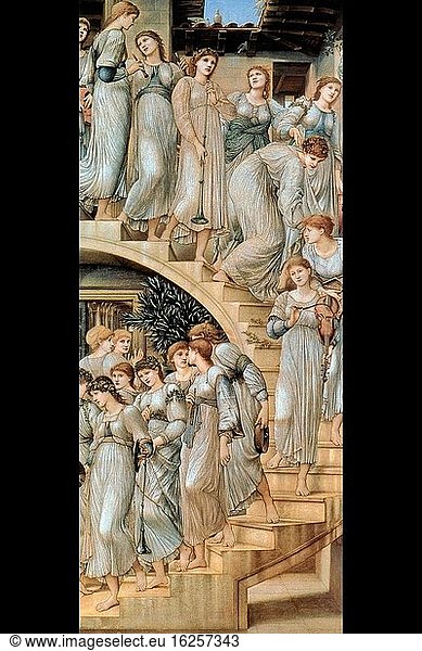 Die Goldene Treppe  eine vertikale Komposition  die eine gewundene Treppe hervorhebt  auf der achtzehn schöne Damen mit verschiedenen Instrumenten und in den vom Künstler bevorzugten archaischen Kleidern hinabsteigen.