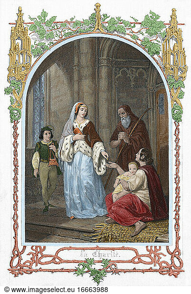 Die heilige Jane Frances de Chantal (1572-1641). Gründerin des Ordens von der Heimsuchung der Heiligen Maria. Die heilige Jane gibt einer bedürftigen Familie ein Almosen. Kolorierter Kupferstich. 19. Jahrhundert.
