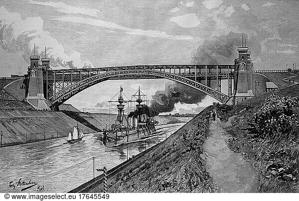Die Hochbrücke bei Levensau bei Kiel über den Nord-Ostsee-Kanal  wird von einem Dampfschiff passiert  um 1900  digital restaurierte Reproduktion einer Originalvorlage aus dem 19. Jahrhundert