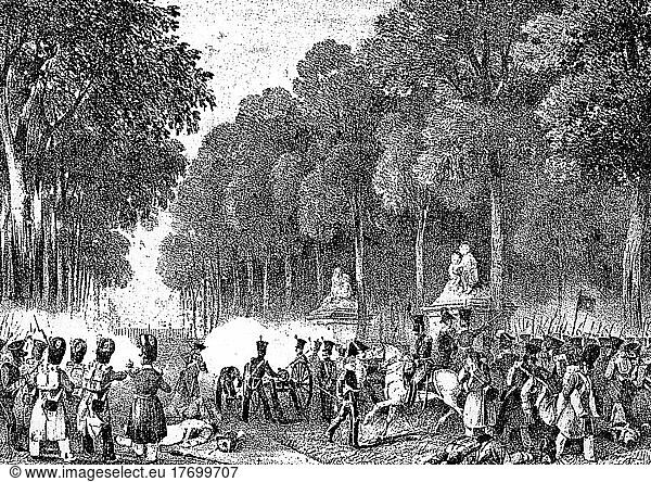 Die holländischen Truppen verteidigen sich im Park  Kämpfe in Brüssel 1830  Belgien  Historisch  digital restaurierte Reproduktion einer Vorlage aus dem 19. Jahrhundert  Europa