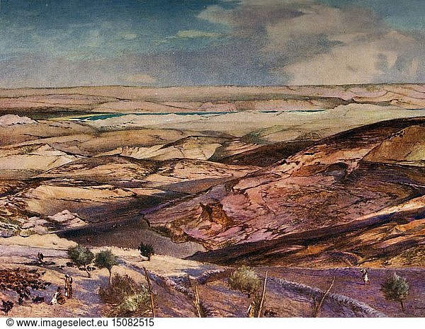Die judäische Wüste und das Tote Meer vom höchsten Punkt des Ölbergs aus   1902. Schöpfer: John Fulleylove.