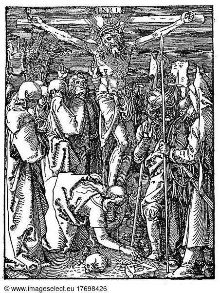 Die Kreuzigung Jesus Christus  nach Albrecht Dürer  1511  Historisch  digital restaurierte Reproduktion einer Vorlage aus dem 19. Jahrhundert