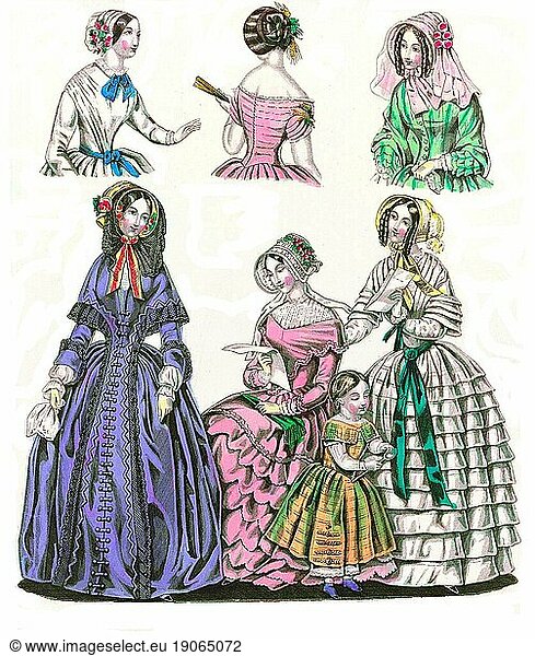 Die Mode im Laufe der Zeit  Damenmode in Paris und London  1847  Historisch  digital restaurierte Reproduktion von einer Vorlage aus dem 19. Jahrhundert