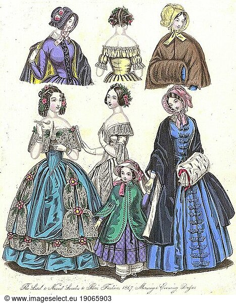Die Mode im Laufe der Zeit  Damenmode in Paris und London  1847  Historisch  digital restaurierte Reproduktion von einer Vorlage aus dem 19. Jahrhundert