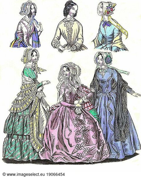 Die Mode im Laufe der Zeit  Damenmode in Paris und London  1846  Historisch  digital restaurierte Reproduktion von einer Vorlage aus dem 19. Jahrhundert