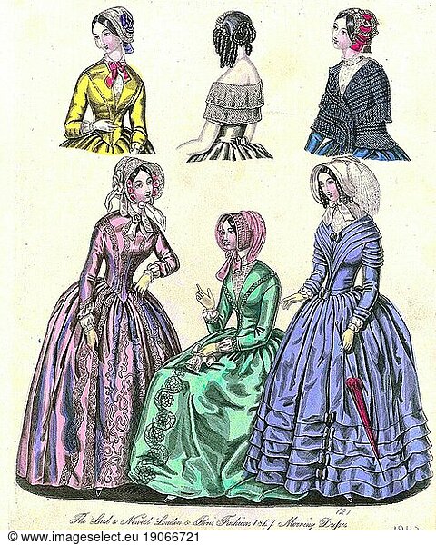 Die Mode im Laufe der Zeit  Damenmode in Paris und London  1847  Historisch  digital restaurierte Reproduktion von einer Vorlage aus dem 19. Jahrhundert