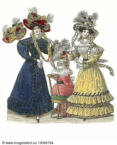 Die Mode im Laufe der Zeit  Damenmode in Paris und London  1828  Historisch  digital restaurierte Reproduktion von einer Vorlage aus dem 19. Jahrhundert
