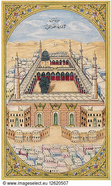 Die Prophetenmoschee in Medina  um 1880. Künstler: Mussawar  Fateh Muhammad (tätig um 1880)
