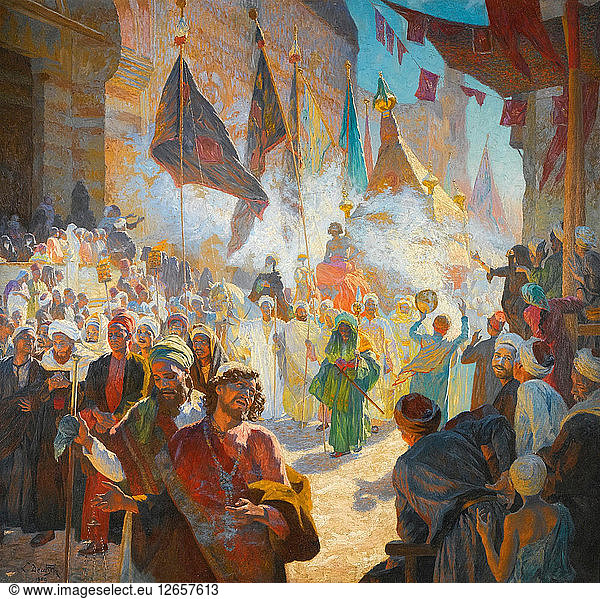 Die Prozession des Mahmal durch die Straßen von Kairo  1909.