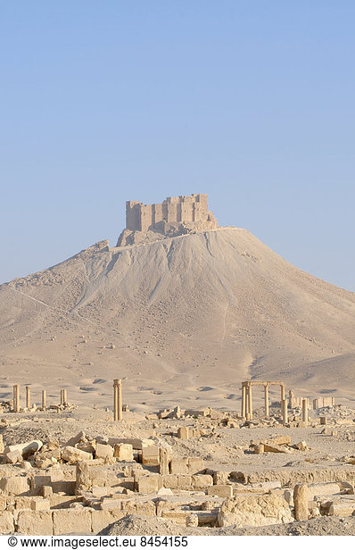 Die Ruinen der antiken Stadt Palmyra  Qal?at Ibn Ma?n Burg hinten  Palmyra-Bezirk  Gouvernement Homs  Syrien