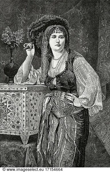 Die schönste junge Frau im Harem. Konstantinopel  Osmanisches Reich. Alter Kupferstich aus dem 19. Jahrhundert aus El Mundo Ilustrado 1879.