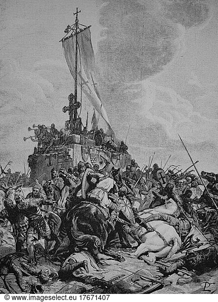 Die Schlacht von Legnano wurde am 29. Mai 1176 zwischen den Streitkräften des Heiligen Römischen Reiches  angeführt von Kaiser Friedrich Barbarossa  und der Lombardischen Liga ausgetragen. Die kaiserliche Armee erlitt eine schwere Niederlage  Historisch  digitale Reproduktion einer Originalvorlage aus dem 19. Jahrhundert