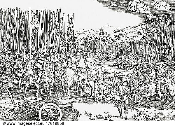 Die Schlacht von Ravenna  11. April 1512  während des Krieges der Liga von Cambrai  oder Krieg der Heiligen Liga. Das Heer des Kirchenstaates und Spaniens  das Ravenna verteidigt (rechts)  und das Heer Frankreichs und des Herzogtums Ferrara (links). Nach einem Werk aus dem 16. Jahrhundert.