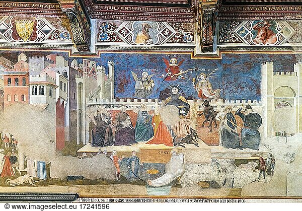 Die Schlechte Regierung  1337-1339  Fresko von Ambrogio Lorenzetti  Sala della Pace im Palazzo Pubblico  Siena  Toskana  Italien  Europa