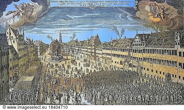 Die Stadt Augsburg huldigt Gustav Adolf von Schweden  Bayern  Deutschland  Gustav II. Adolf  1594  1632  Historisch  digital restaurierte Reproduktion von einer Vorlage aus dem 19. Jahrhundert  Europa