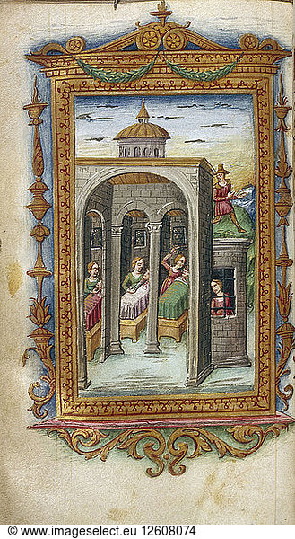 Die Töchter des Danaus ermorden ihre Ehemänner. Hypermnestra im Gefängnis (Illustration zu den Heroides von Ovid)  1485-1499. Künstler: Majorana  Cristoforo (tätig ca. 1480-1494)