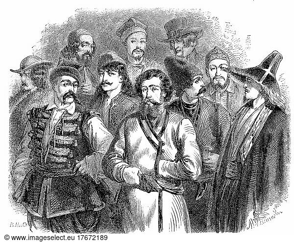 Die verschiedenen Menschentypen in Russland  Serben  Polen  Juden  Georgier  Komi  Russen  Armenier  Araber  Kalmücken  Historisch  digitale Reproduktion einer Originalvorlage aus dem 19. Jahrhundert  Europa
