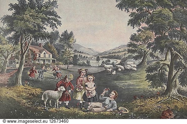 Die vier Jahreszeiten des Lebens - Kindheit  pub. 1868  The Season of Joy   Currier & Ives (Farblithographie)