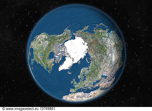 Diese Satellitenansicht zeigt den Erdglobus auf Sternenhintergrund mit Fokus auf den Nordpol  mit Ländergrenzen und Meeresrelief.