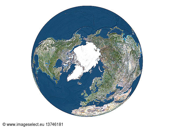 Diese Satellitenansicht zeigt den Erdglobus auf weißem Hintergrund mit Fokus auf den Nordpol  mit Ländergrenzen und Meeresrelief.
