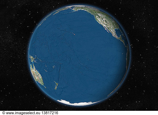 Diese Satellitenansicht zeigt die Erdkugel auf Sternenhintergrund mit Fokus auf den Pazifischen Ozean  mit Meeresrelief.