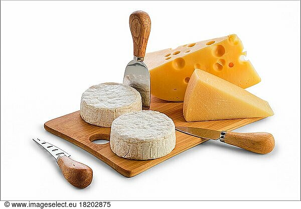 Different types of cheeses  brie  camembert  parmesan and gouda on wooden board with cheese knives isolated on white background