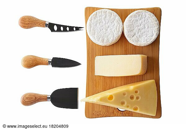 Different types of cheeses  brie  camembert  parmesan and gouda on wooden board with cheese knives isolated on white background