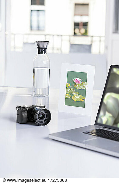 Digital camera  laptop  water carafe and framed picture of water lilies in pond
