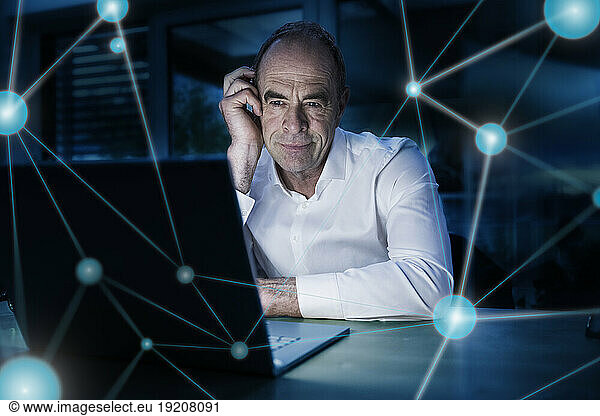 Digital composite image of connecting dots and thoughtful businessman with laptop in office