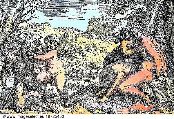 Digital restauriert  Engel tröstet den Teufel und zwei Frauen sitzen dicht beieinander  symbolischer  erotischer Kupferstich von Annibal Carracci  1539  Veröffentlichung aus dem Jahr 1882  Digital improved:  Angel comforts the devil and two women sit close together  symbolic  erotic copper engraving by Annibal Carracci  publication from the year 1882