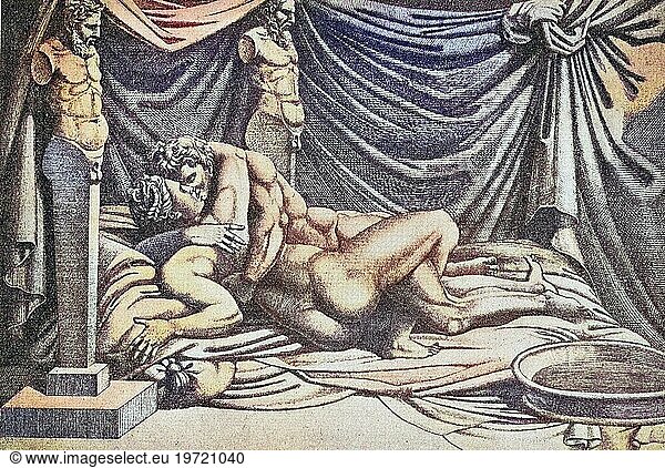 Digital restauriert  Geliebt  Mann und Frau nackt auf dem Bett beim Liebesakt  Erotik  veröffentlicht in einem Buch von Aretino  Pietro Aretino  1492  1556  war ein italienischer Autor  Dramatiker  Dichter  Satiriker und Erpresser  der Einfluss auf die zeitgenössische Kunst und Politik ausübte und die moderne literarische Pornographie entwickelte  Veröffentlichung aus dem Jahr 1882  Digital improved:  Loved  man and woman naked on the bed while performing love act  eroticism  published in a book of Are