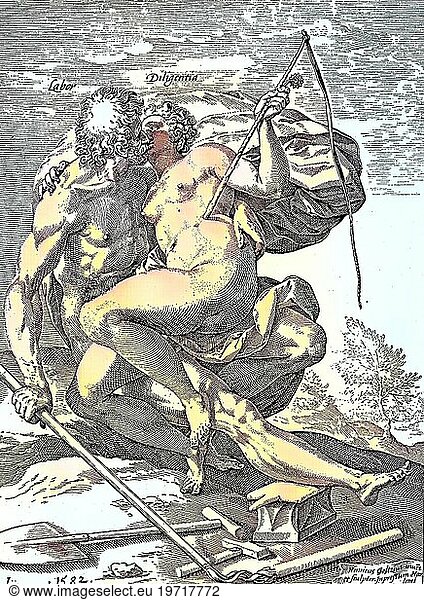 Digital restauriert  Mann Labor und Frau Diligenta küssend  ein Paar  die Frau mit Peitsche und Sporen  Labor als Mann mit Schaufel und anderem landwirtschaftlichen Gerät für die harte Arbeit  erotisch symbolischer Kupferstich von Hendrik Goltzius aus dem Jahr 1582  Veröffentlichung aus dem Jahr 1882  Digital improved:  Man Labor and woman Diligenta kissing  a couple  the woman with whip and spurs  Labor as a man with shovel and other agricultural device for the hard work  erotic symbolic copper engrav
