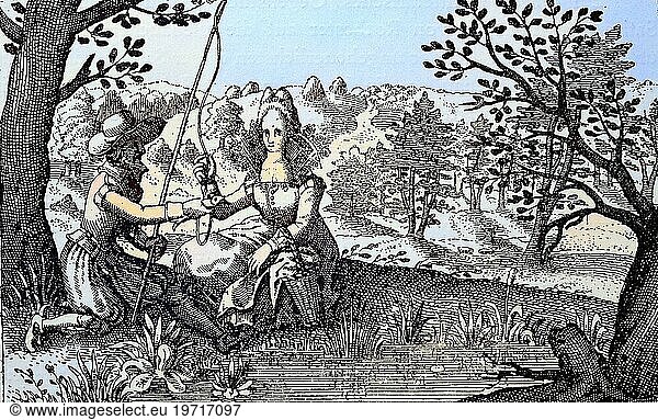 Digital restauriert  Mann mit Angelrute und Fisch in der Hand sitzt an einem Teich  neben ihm eine junge Frau mit Picknickkorb  Erotisches Stammesblatt aus dem 17. Jahrhundert  Veröffentlichung aus dem Jahr 1882  Digital improved:  Man with fishing rod and fish in his hand sits on a pond  next to him a young woman with picnic basket  Erotic tribal sheet from the 17th century  publication from the year 1882
